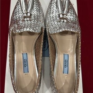 PRADA Silver Madras Metallic Woven Tassel Loafer Shoes Flat Size 36.5